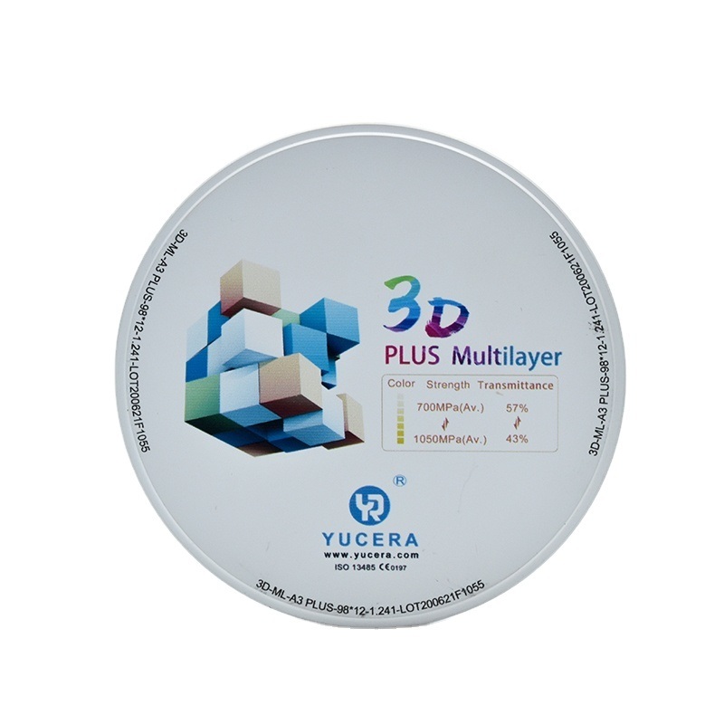 دیسک زیرکونیای دندانی 98 میلی‌متری YUCERA 3D چند لایه | 1050 مگاپاسکال / 43-57٪ عبور نور | دارای گواهی ISO 13356